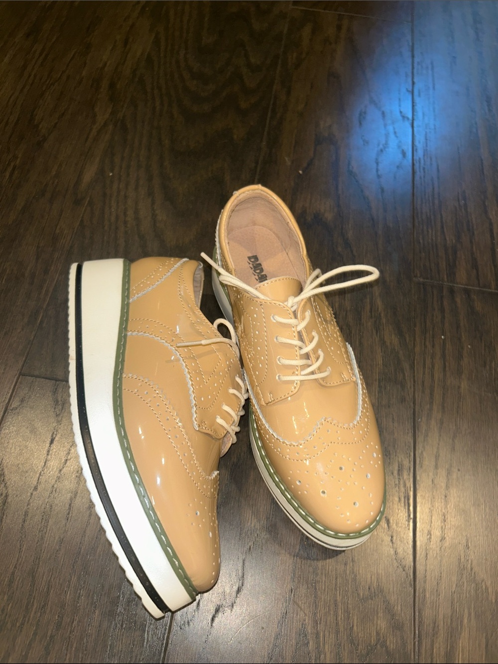 Platform Wingtip Derby Oxfords in Tan Patent